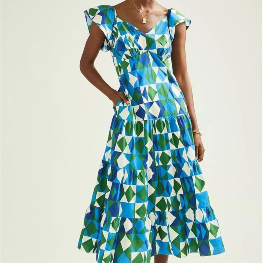 Anthropologie Farm Rio Tiered Maxi Dress Carmelita Geometric Ruffle Size M